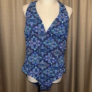 Sol Borne Blue Purple Paisley Mosaic Halter Style One Piece Swimsuit Womens 2X